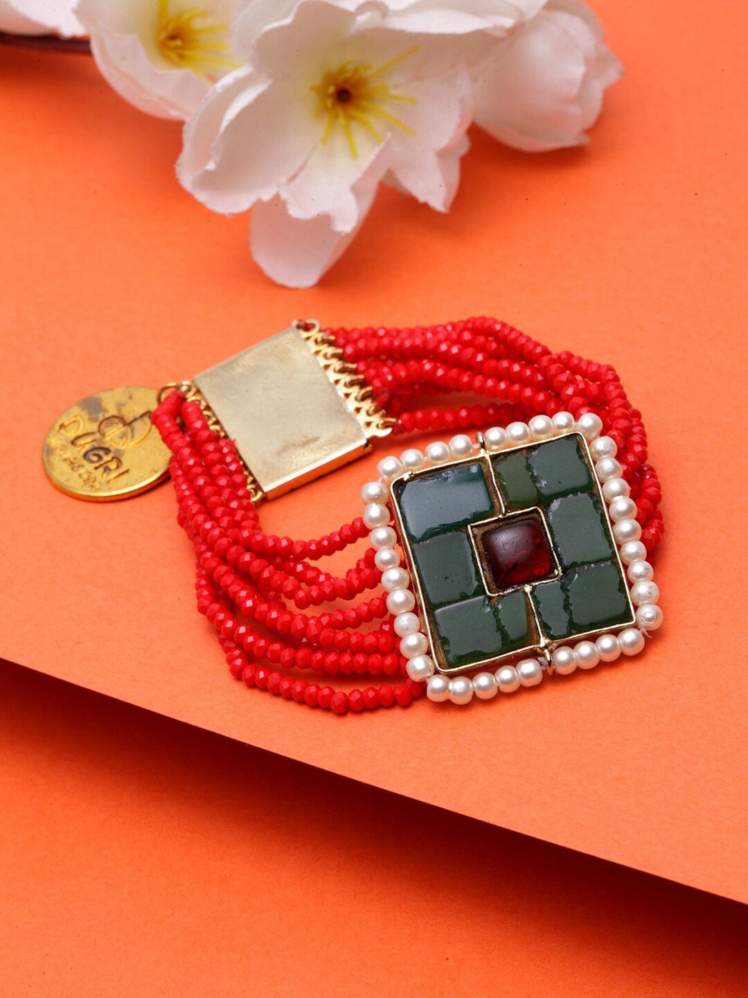 

DUGRISTYLE Women Pearls Gold-Plated Multistrand Bracelet, Red