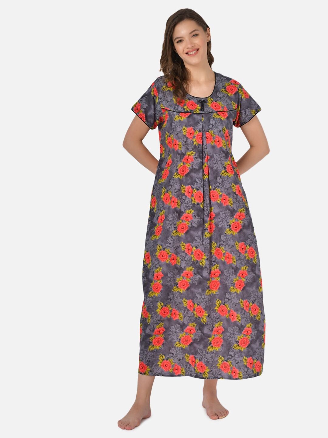 

Klamotten Women Printed Pure Cotton Maxi Nightdress, Grey