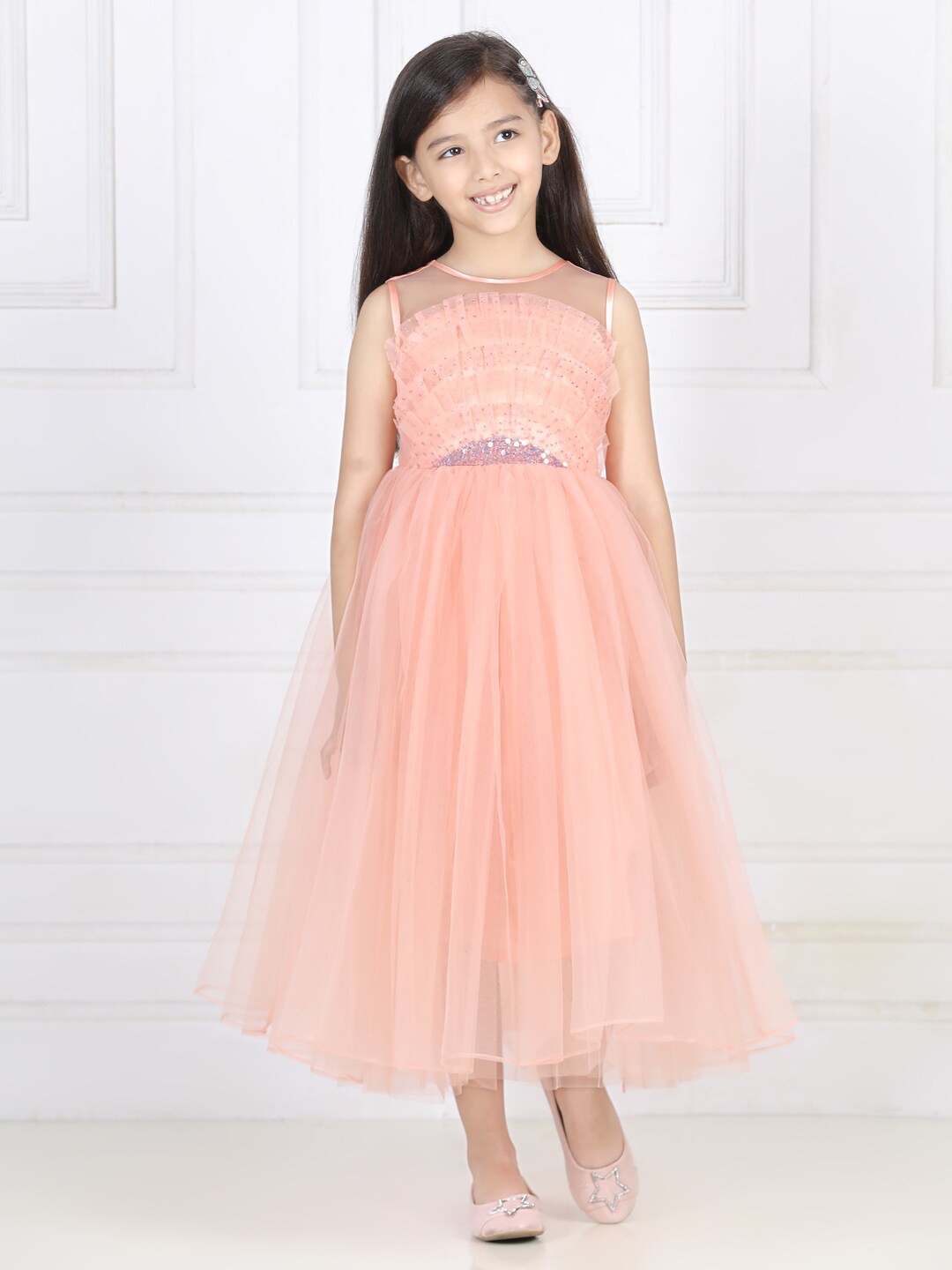 

Toy Balloon kids Girls Sequined Embellished Net Maxi Fit & Flare Dress, Peach