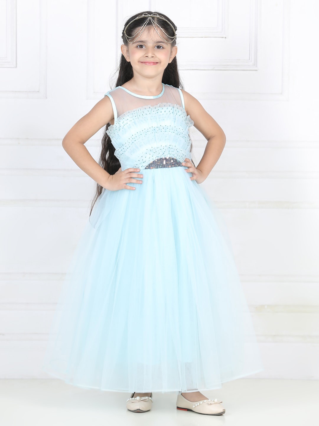 

Toy Balloon kids Girls Sequined Embellished Net Maxi Fit & Flare Dress, Blue