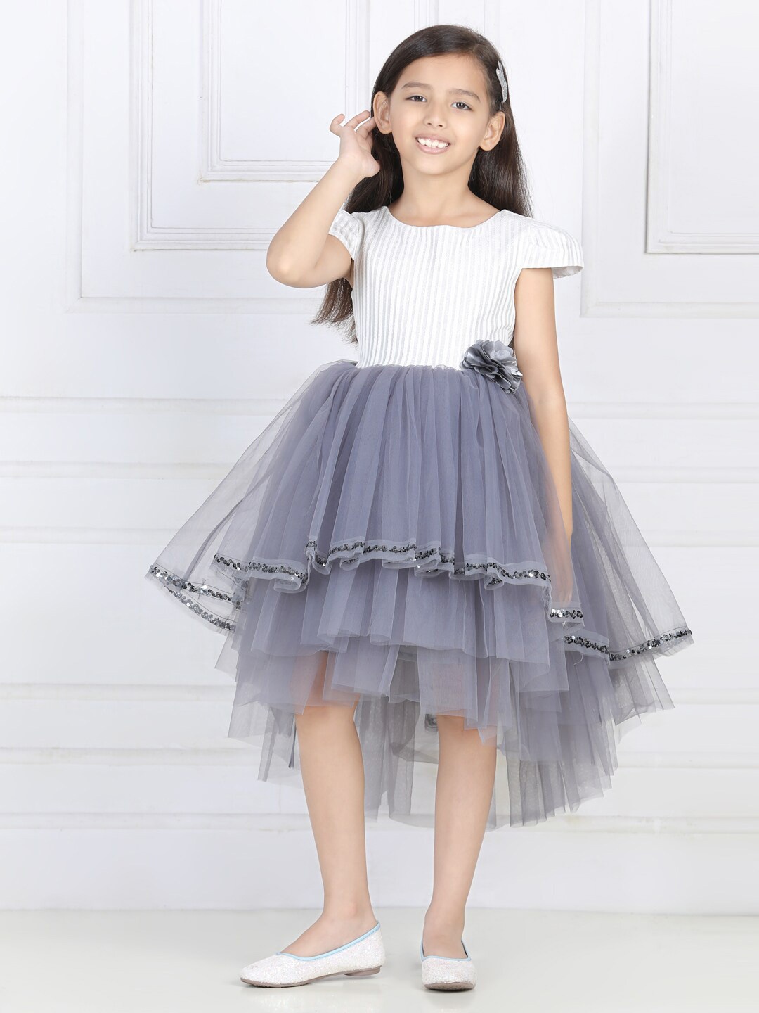 

Toy Balloon kids Girls Striped Layered Net Dress, Grey