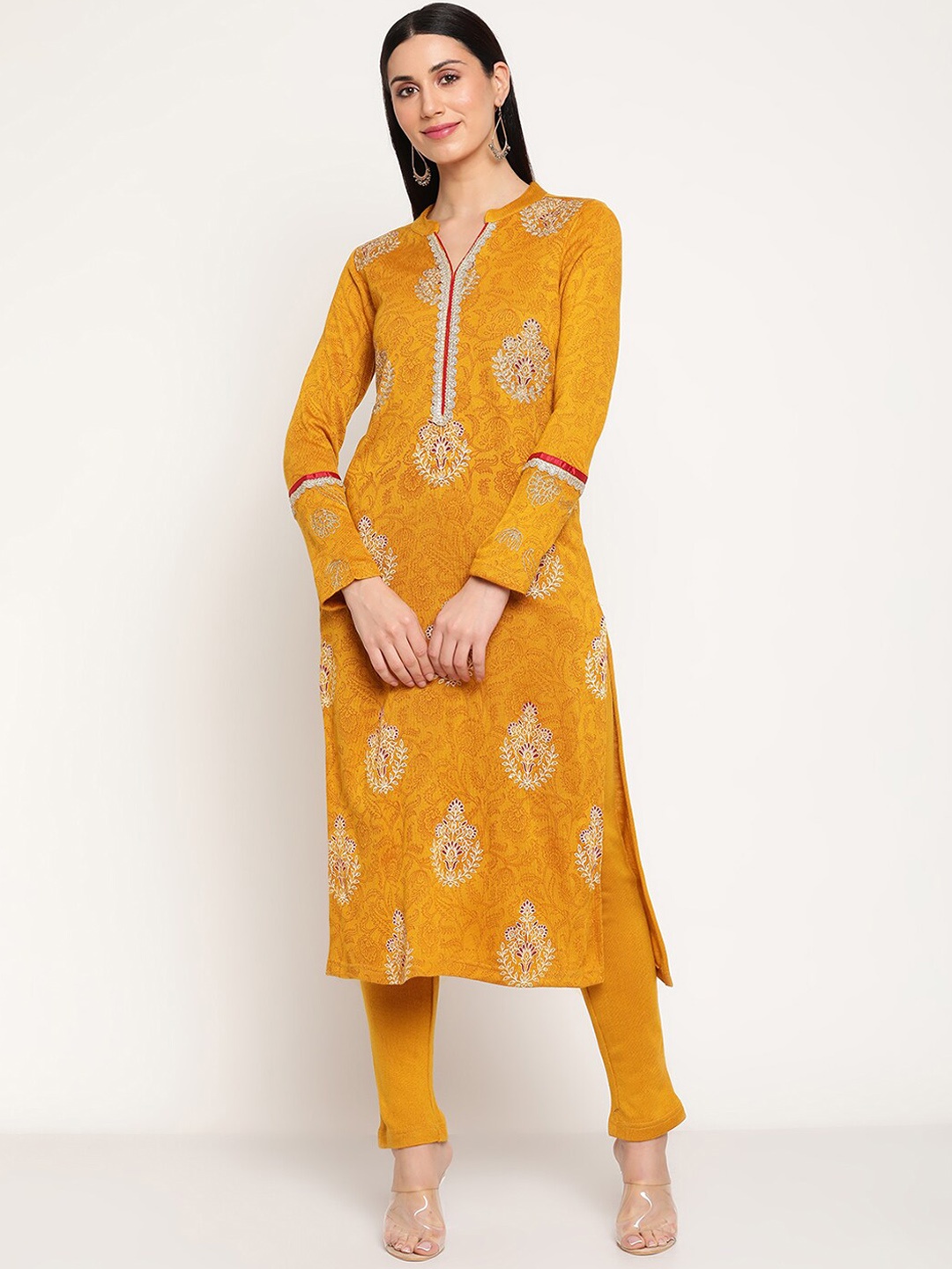 

Be Indi Women Ethnic Motifs Printed Winter Kurta with Trousers Set, Mustard