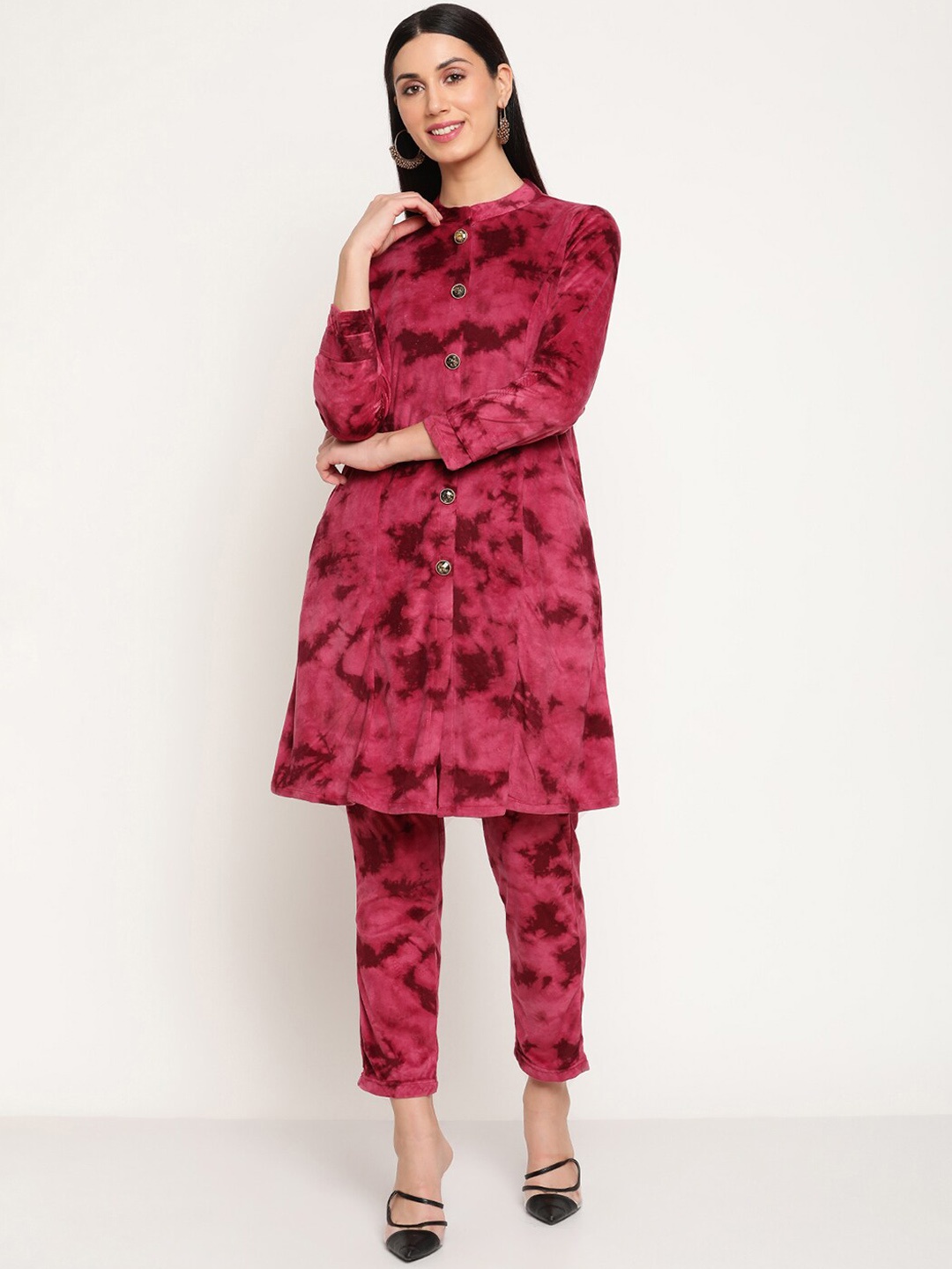 

Be Indi Women Abstract Printed A-Line Velvet Kurta with Trousers, Fuchsia