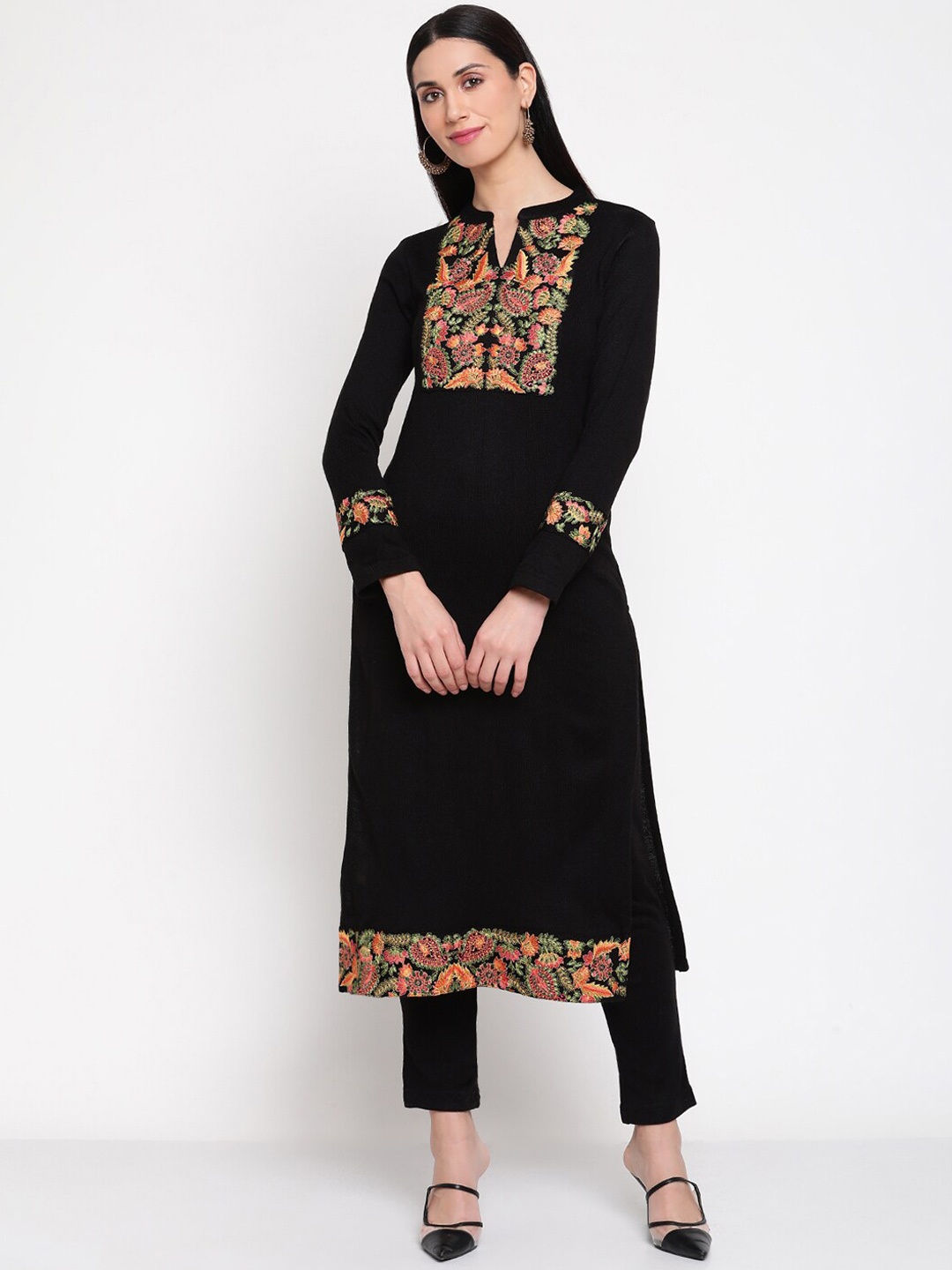 

Be Indi Women Floral Embroidered Winter Kurta with Trousers Set, Black