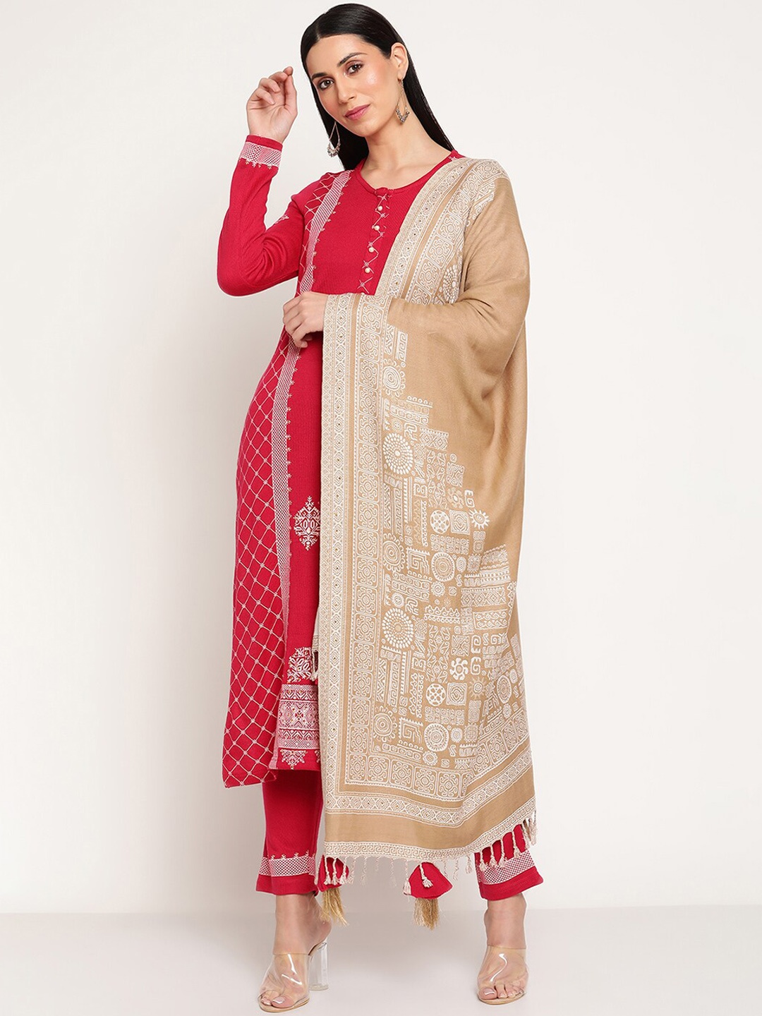 

Be Indi Women Ethnic Motifs Printed Winter Kurta with Trousers & Dupatta, Fuchsia