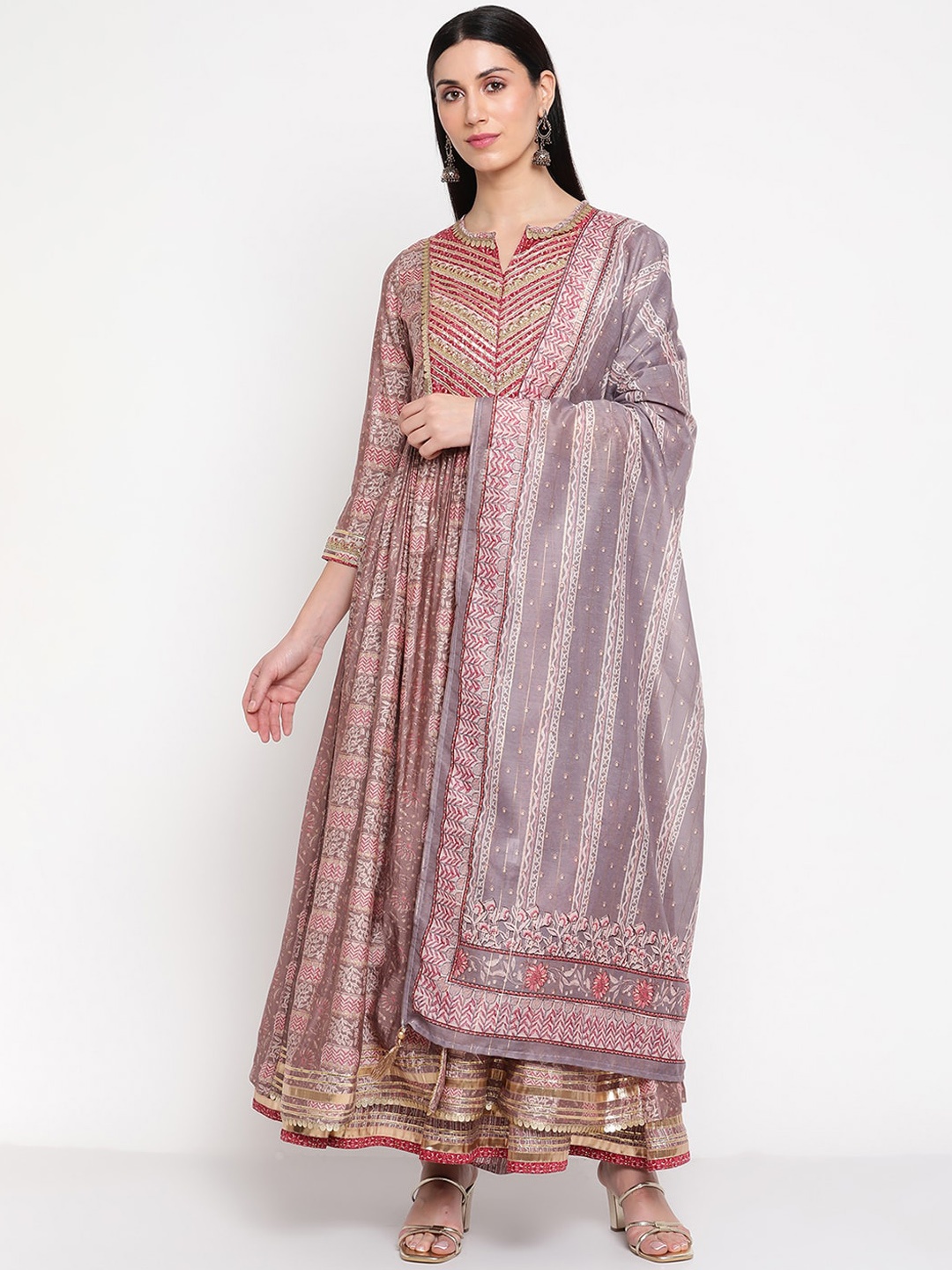 

Be Indi Women Ethnic Motifs Printed Anarkali Kurta with Sharara & Dupatta, Pink