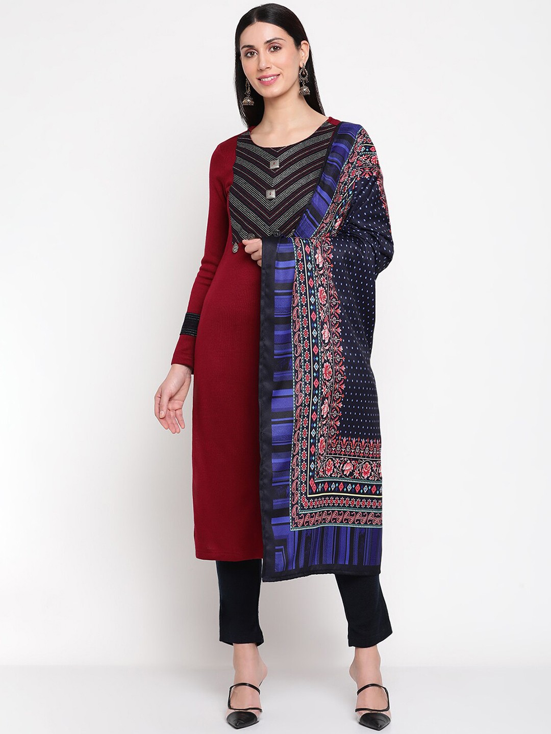 

Be Indi Women Yoke Design Kurta with Trousers & Dupatta, Maroon