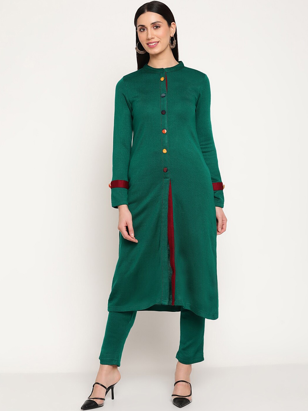 

Be Indi Women Woven Design Solid A-Line Winter Kurta with Trousers, Green