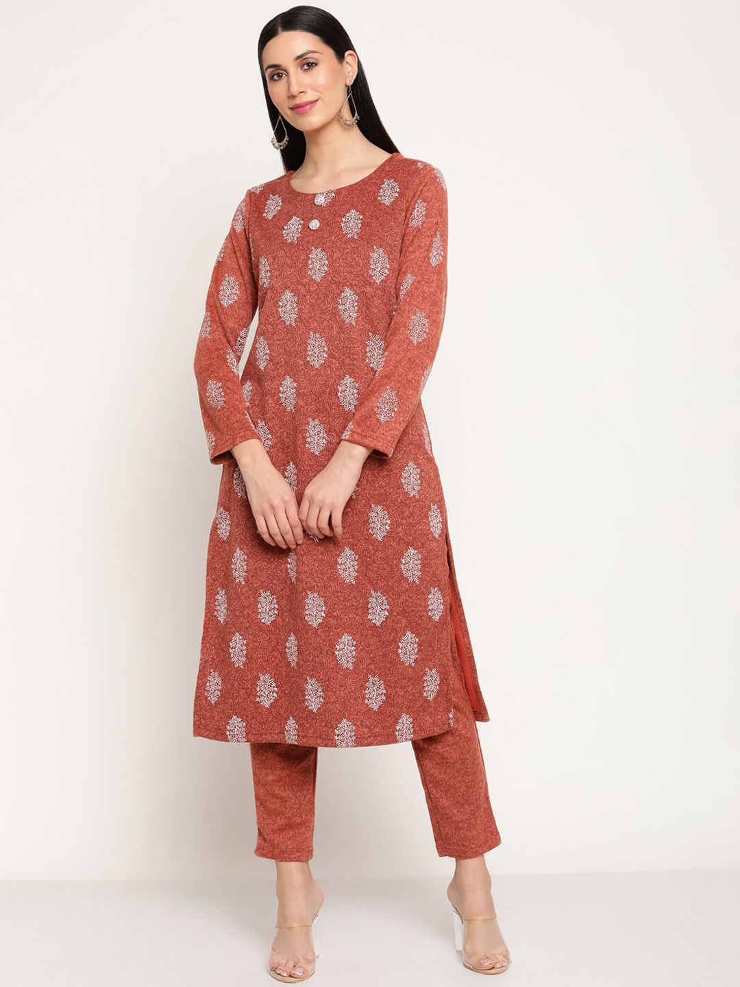 

Be Indi Women Ethnic Motifs Printed Winter Kurta with Trousers Set, Rust