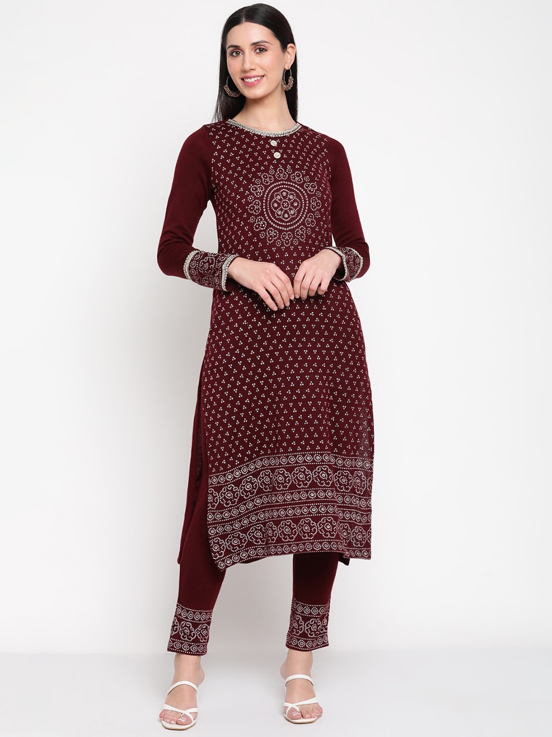 

Be Indi Women Floral Printed Winter Kurta with Trousers, Maroon