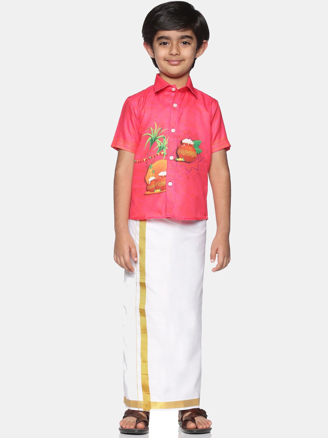 

Sethukrishna Boys Printed Shirt With Veshti, Pink
