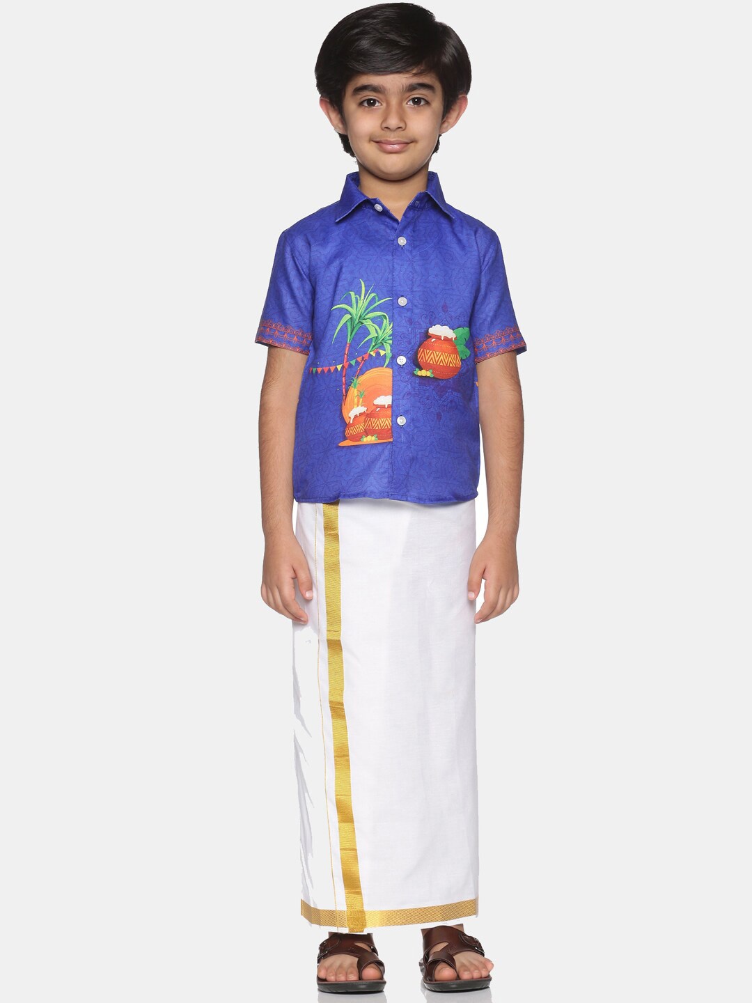 

Sethukrishna Boys Printed Shirt with Dhoti, Blue