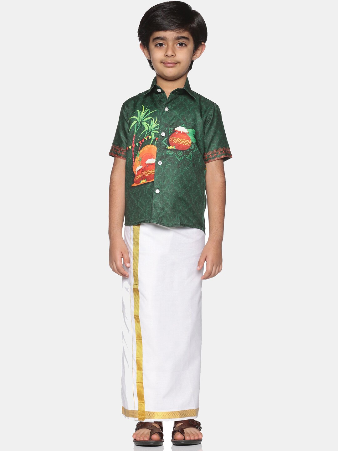 

Sethukrishna Boys Printed Shirt with Dhoti, Green