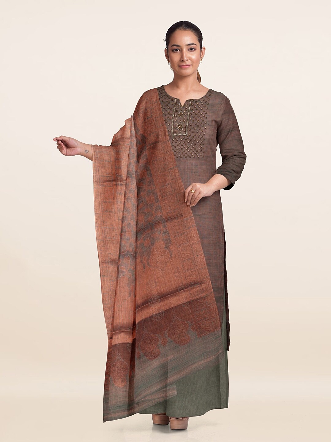 Pothys Embroidered Unstitched Dress Material, Brown