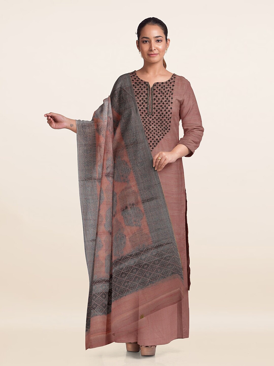 

Pothys Embroidered Unstitched Dress Material, Peach