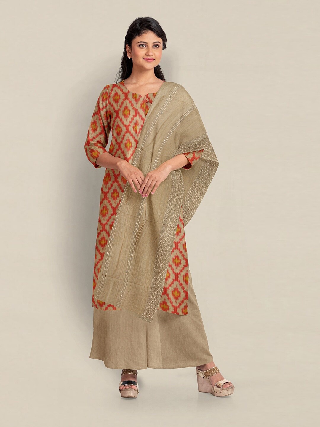 

Pothys Printed Unstitched Dress Material, Peach