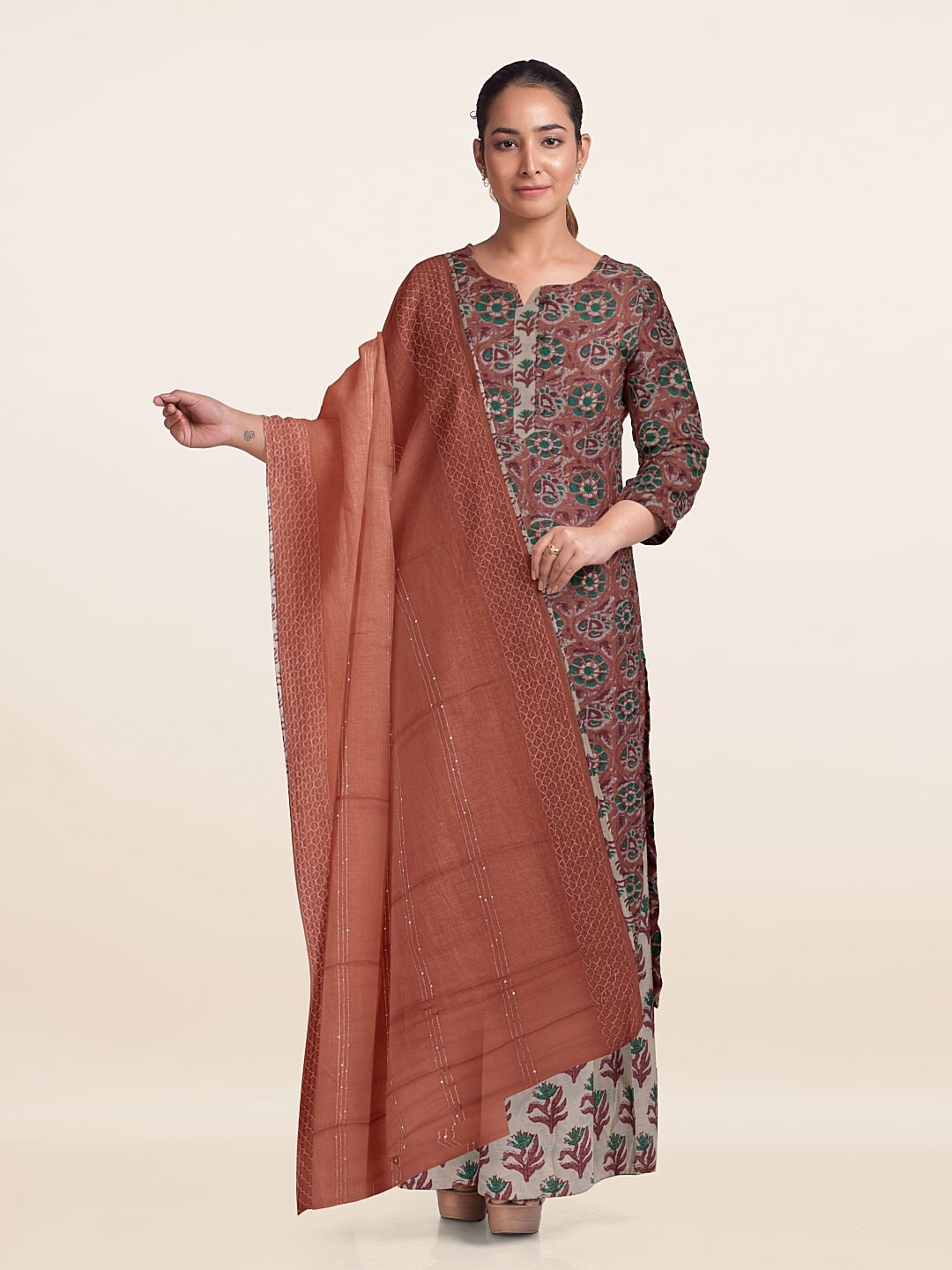 

Pothys Printed Unstitched Dress Material, Peach