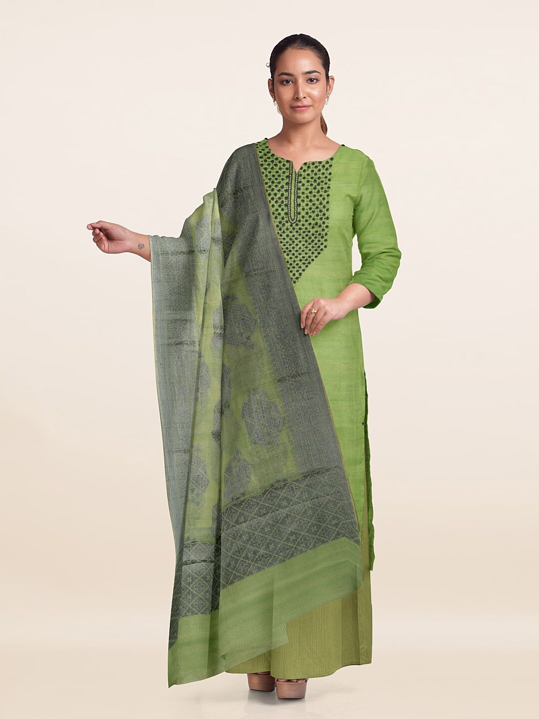 

Pothys Printed Unstitched Dress Material, Green