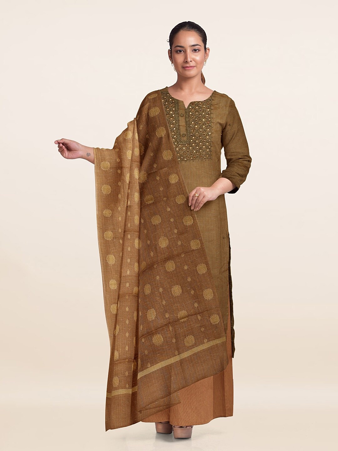 

Pothys Embellished Unstitched Dress Material, Khaki