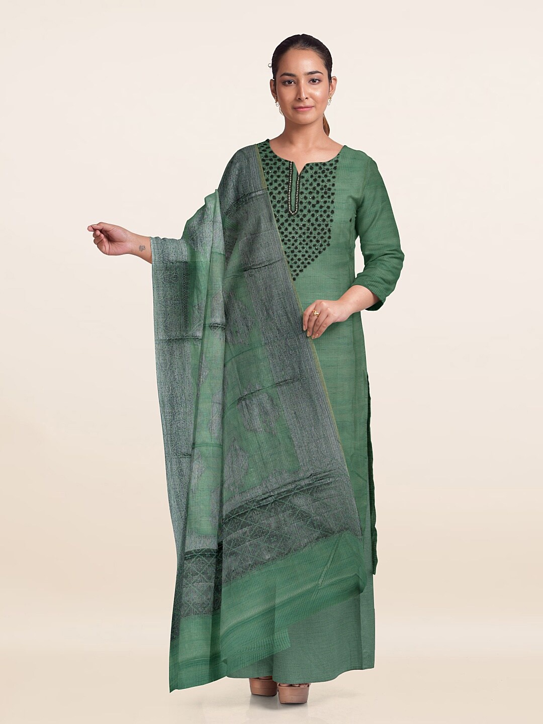 

Pothys Embellished Unstitched Dress Material, Green
