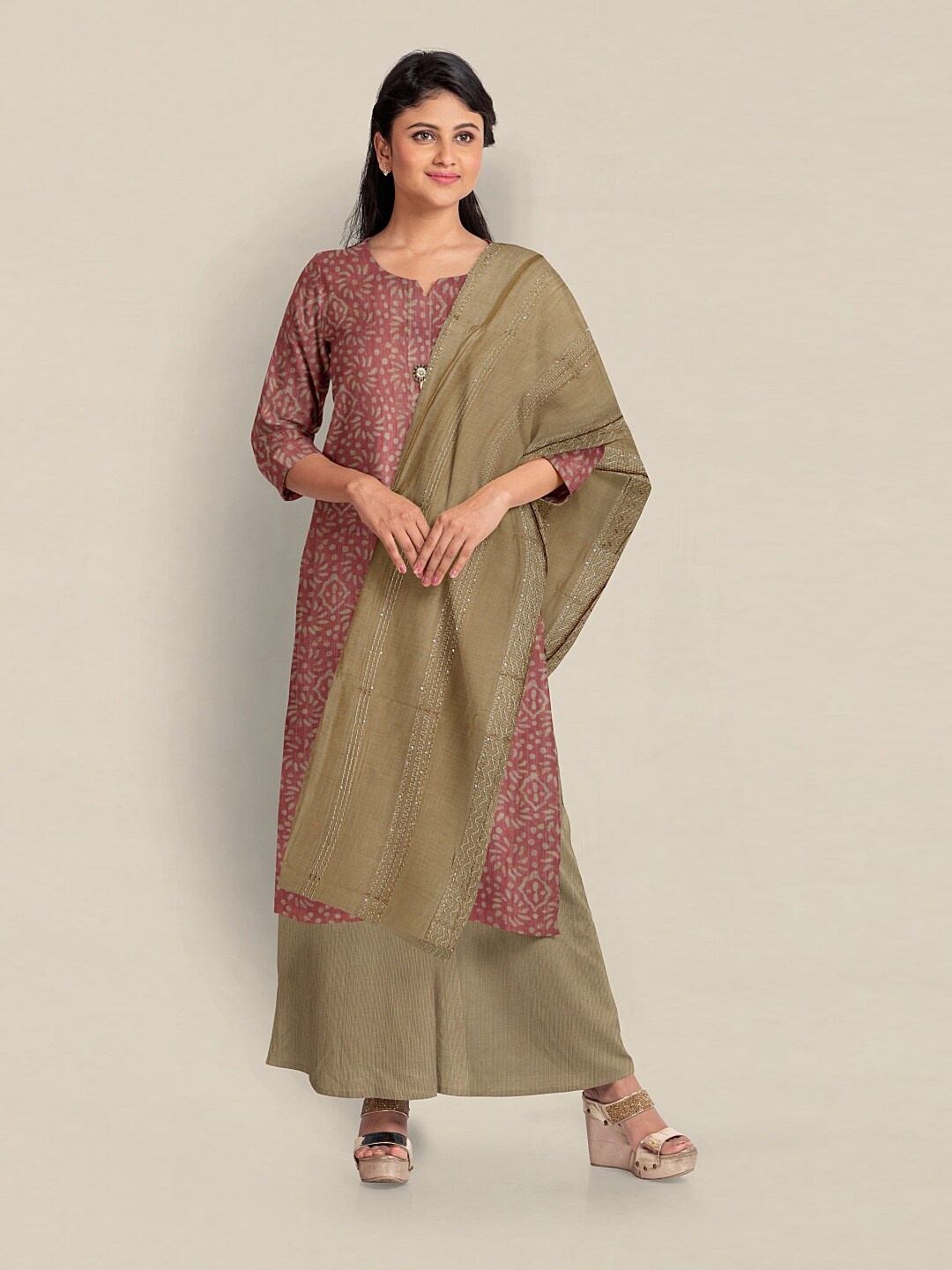 

Pothys Printed Unstitched Dress Material, Peach