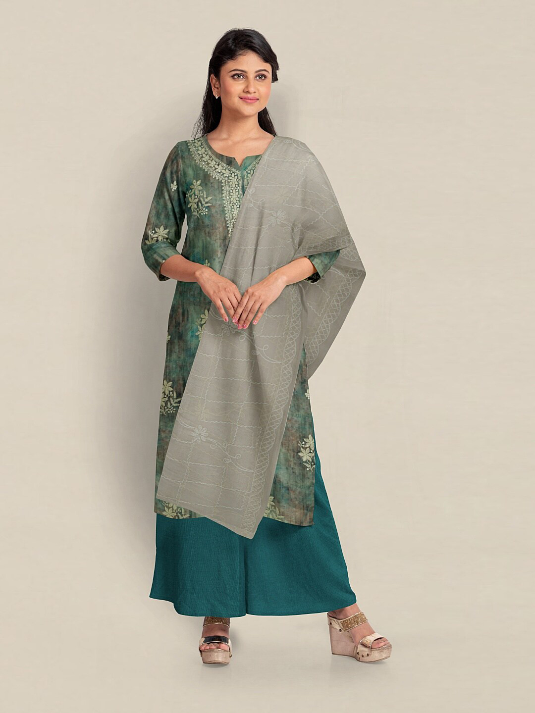 

Pothys Printed Unstitched Dress Material, Green