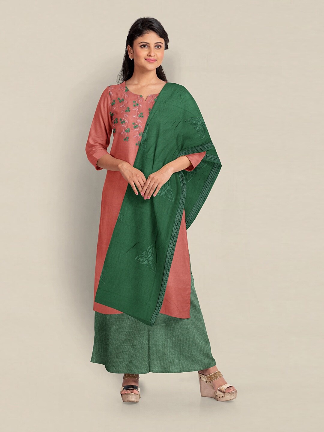 Pothys Embroidered Unstitched Dress Material, Peach