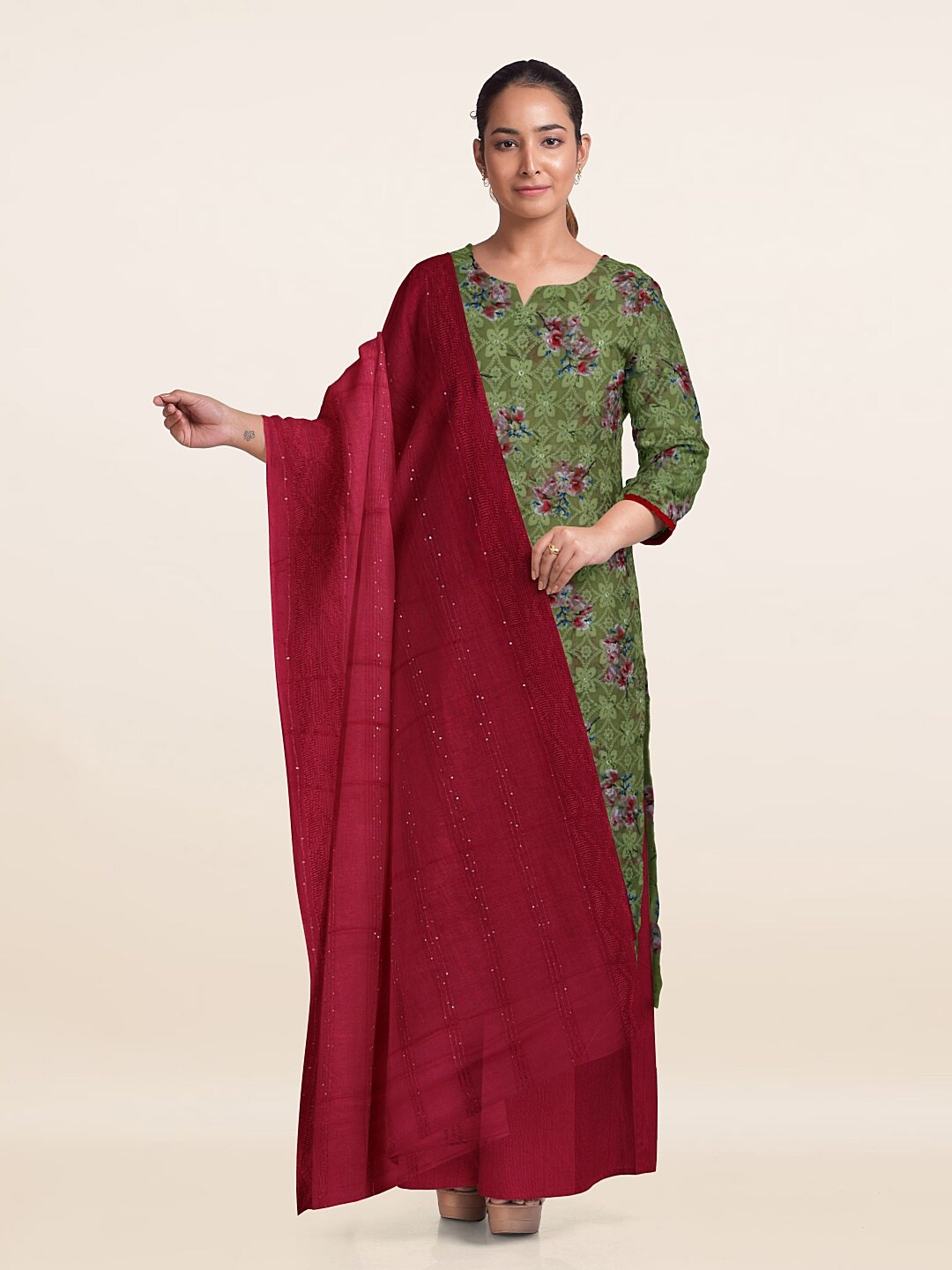 

Pothys Printed Unstitched Dress Material, Green