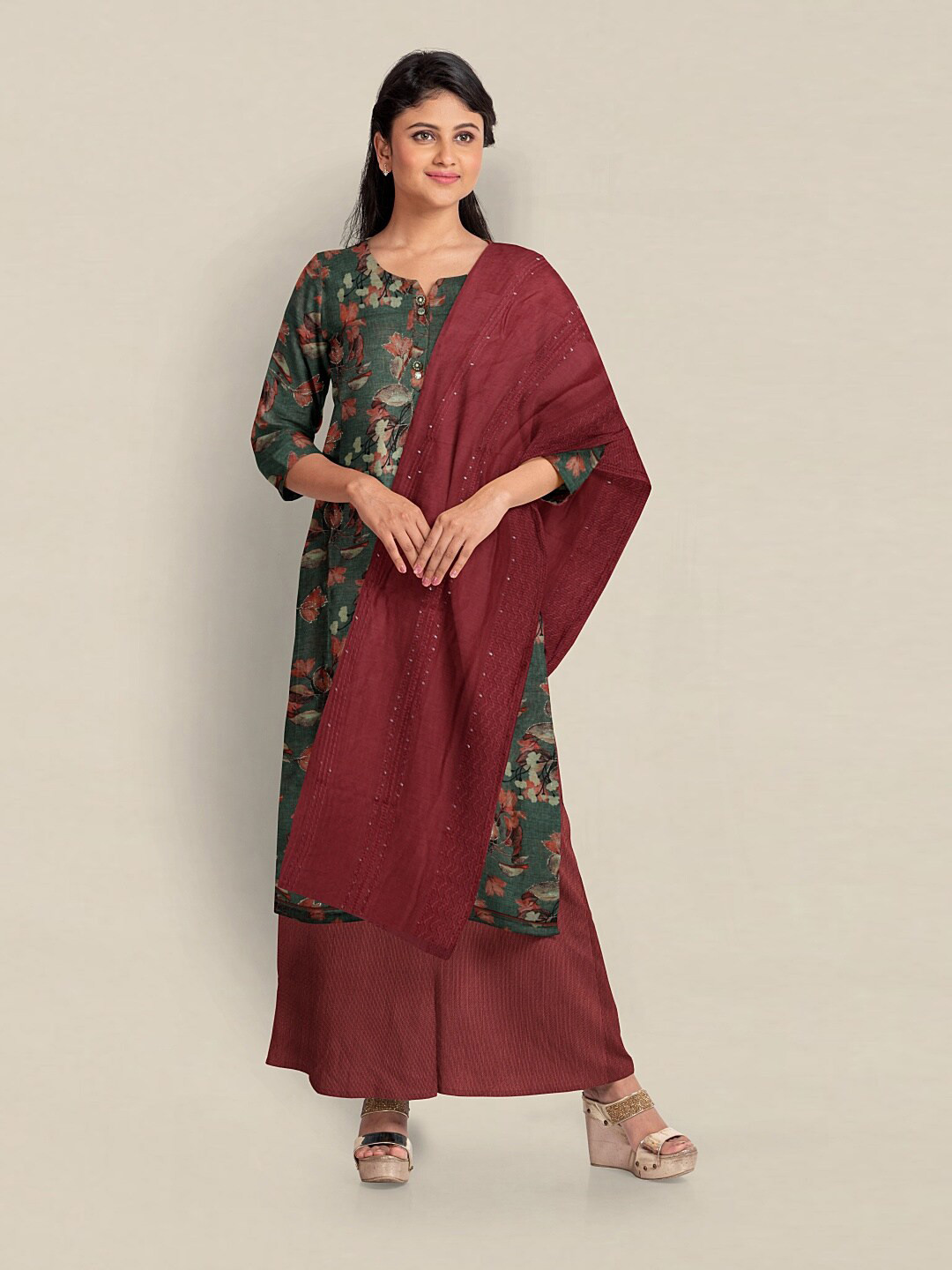 

Pothys Printed Unstitched Dress Material, Green