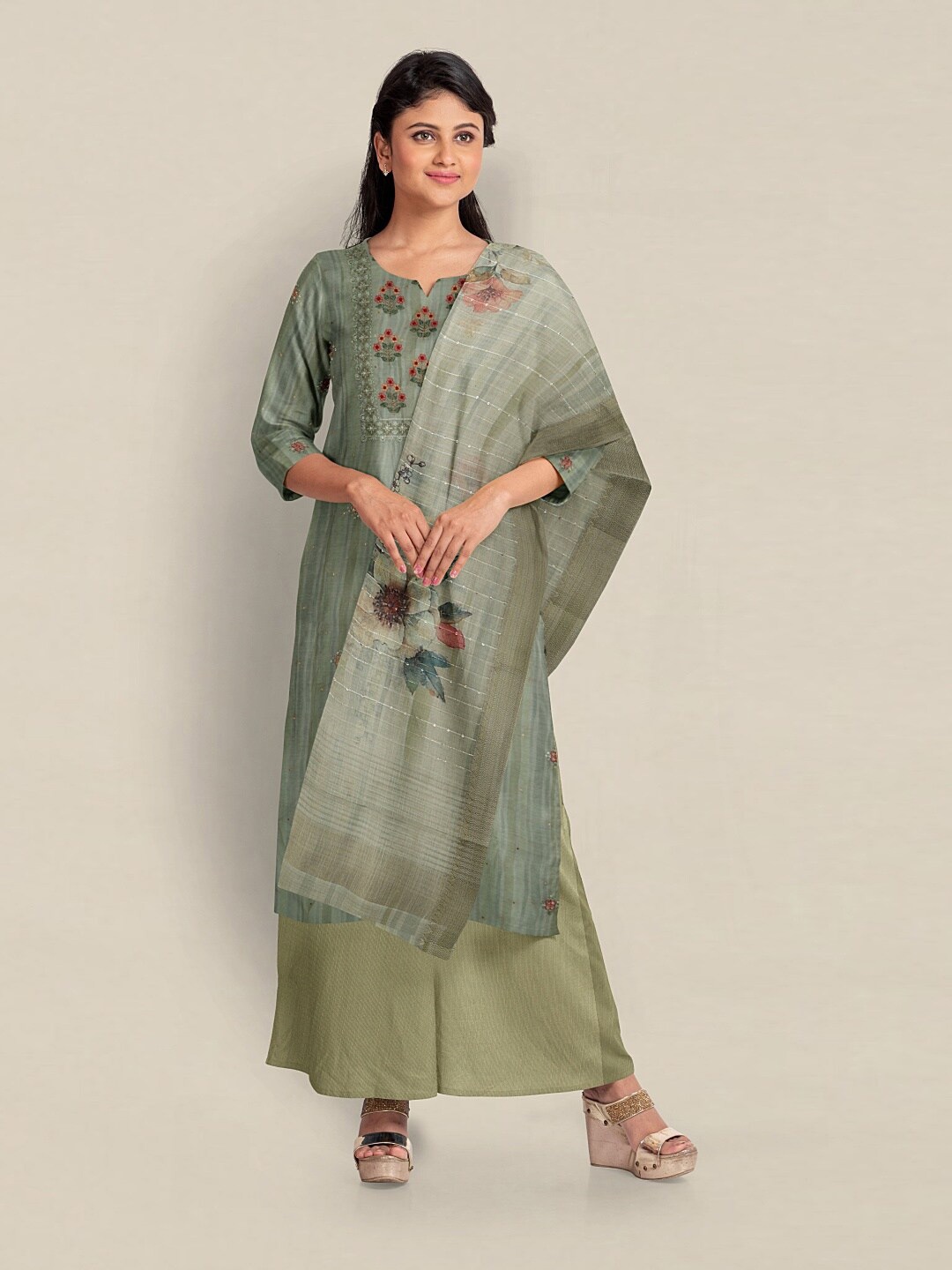 

Pothys Embroidered Unstitched Dress Material, Green