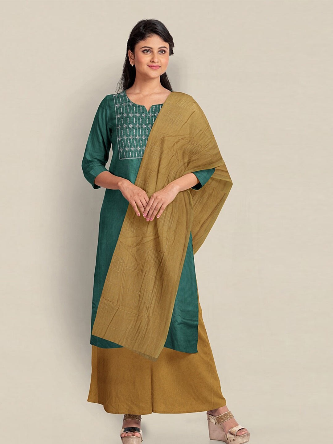 

Pothys Teal & Olive Green Printed Unstitched Dress Material