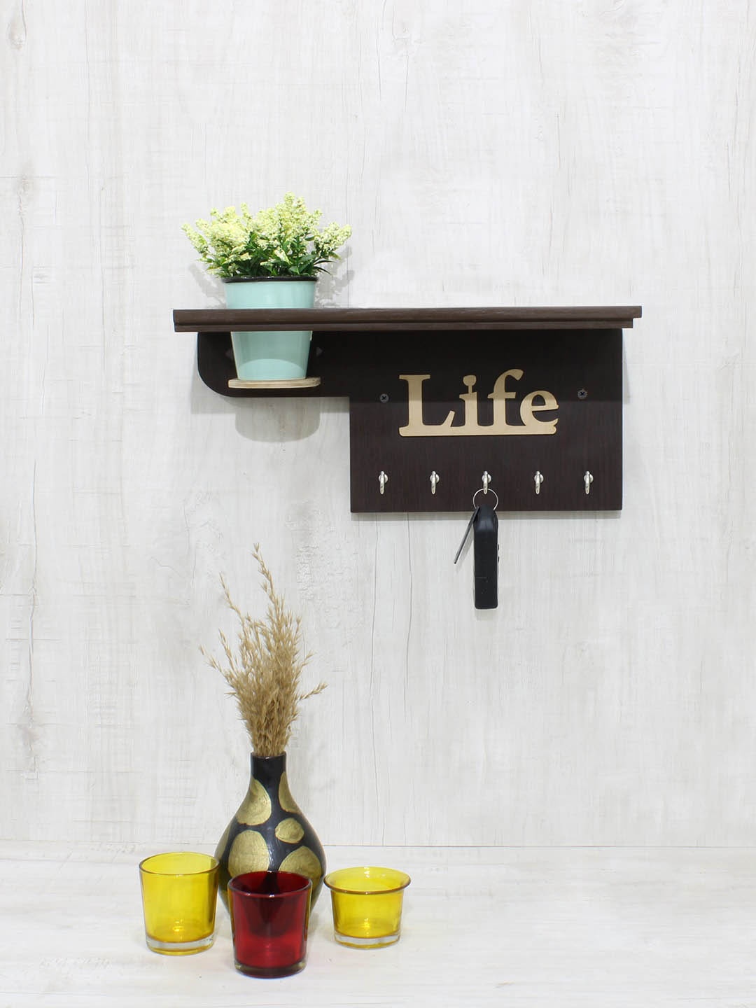 

RANDOM Brown MDF Wall Shelf With Keyholders