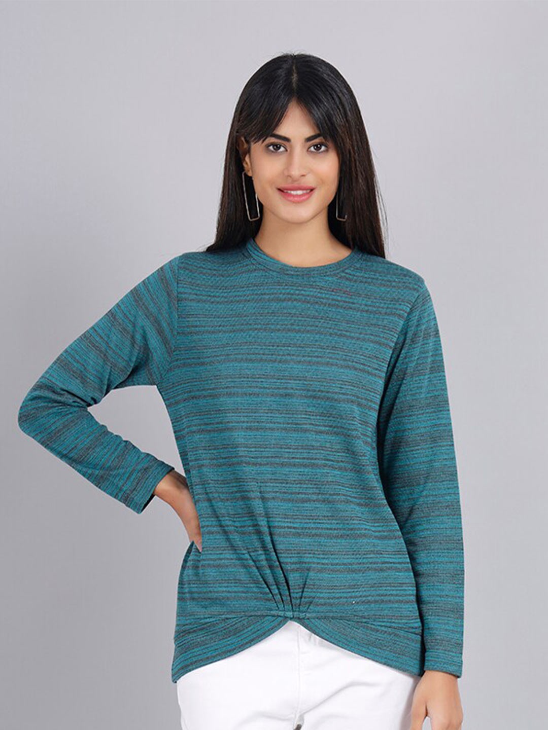 

KEIKO Women Striped Acrylic Pullover Sweater, Turquoise blue
