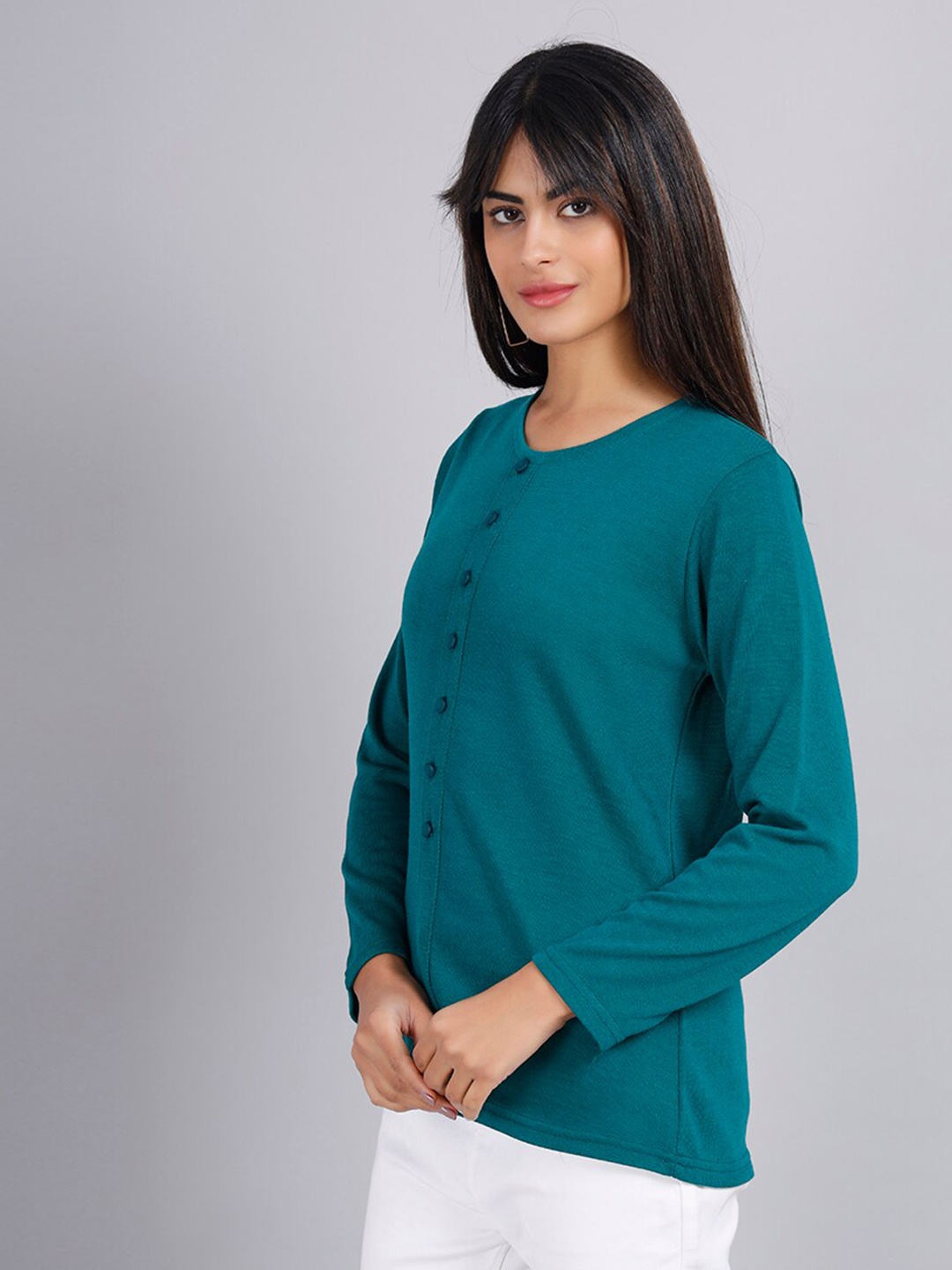 

KEIKO Women Round Neck Long Sleeves Acrylic Pullover, Teal