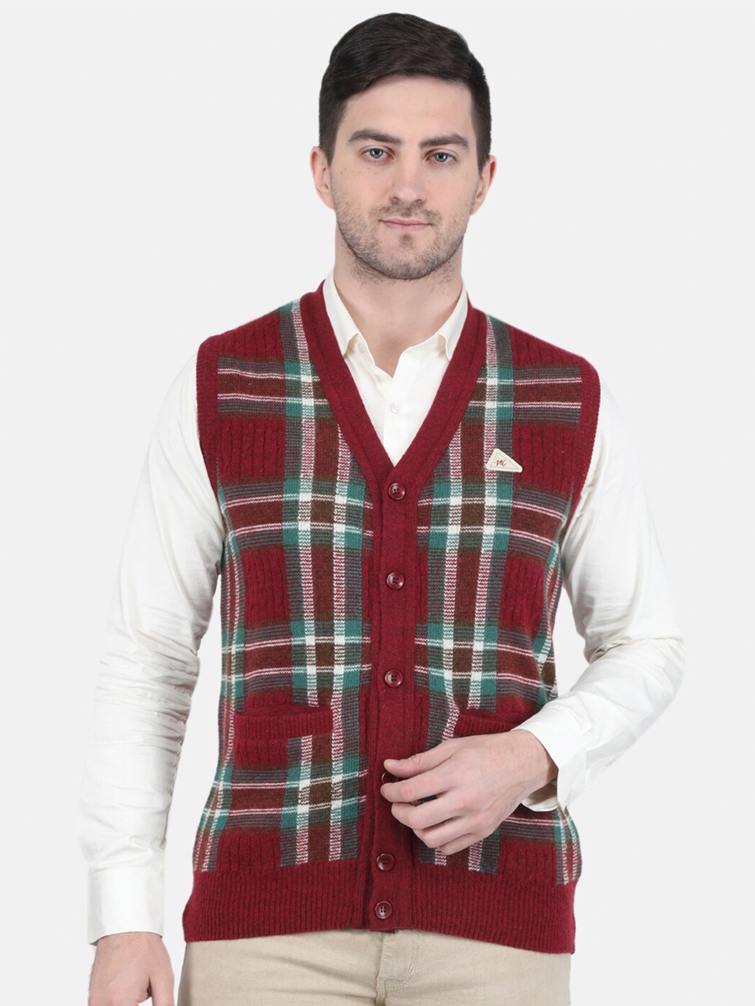 

Monte Carlo V-Neck Checked Wool Cardigan, Maroon