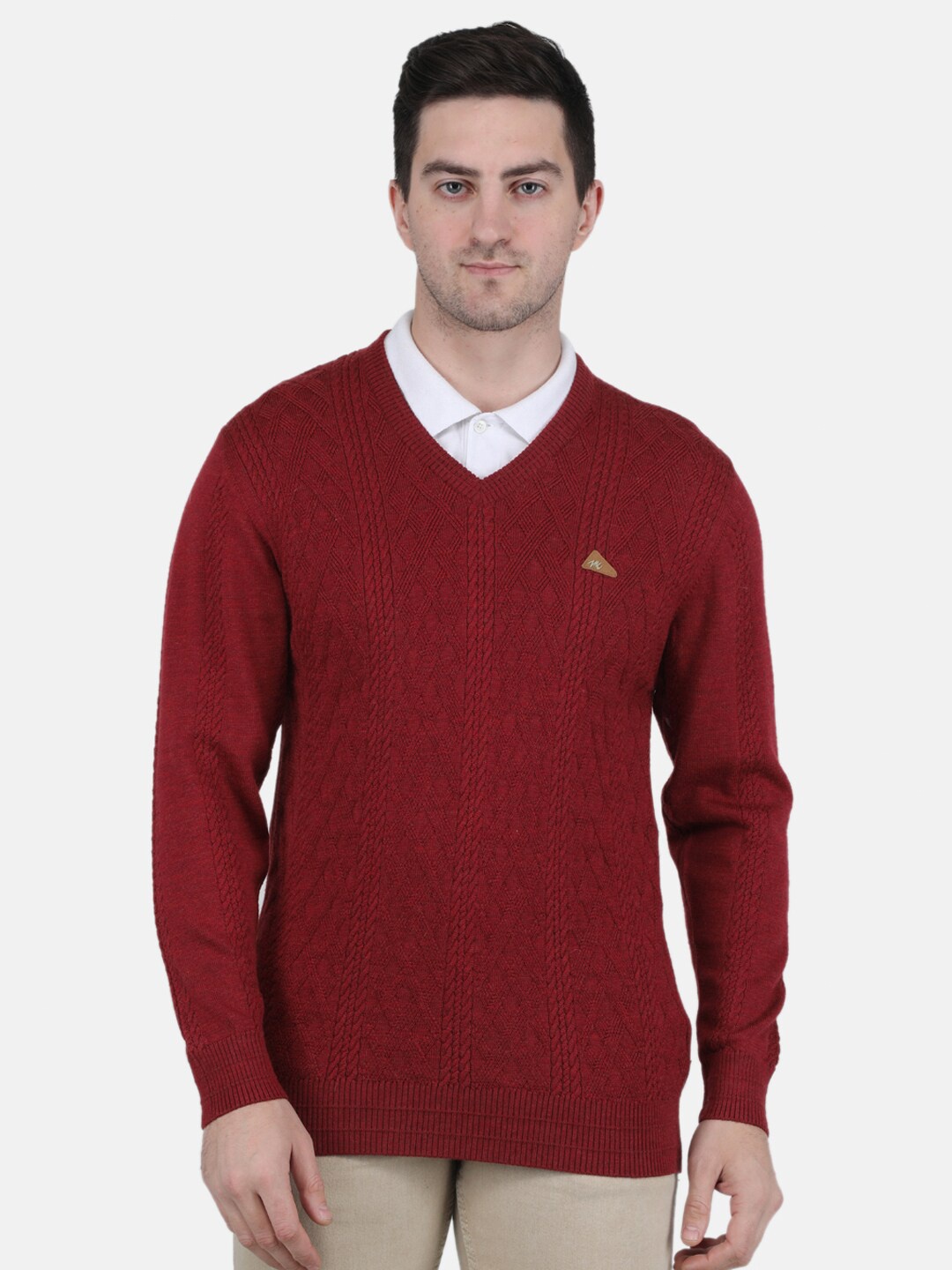 

Monte Carlo Men Cable Knit Pure Wool Pullover Sweater, Maroon