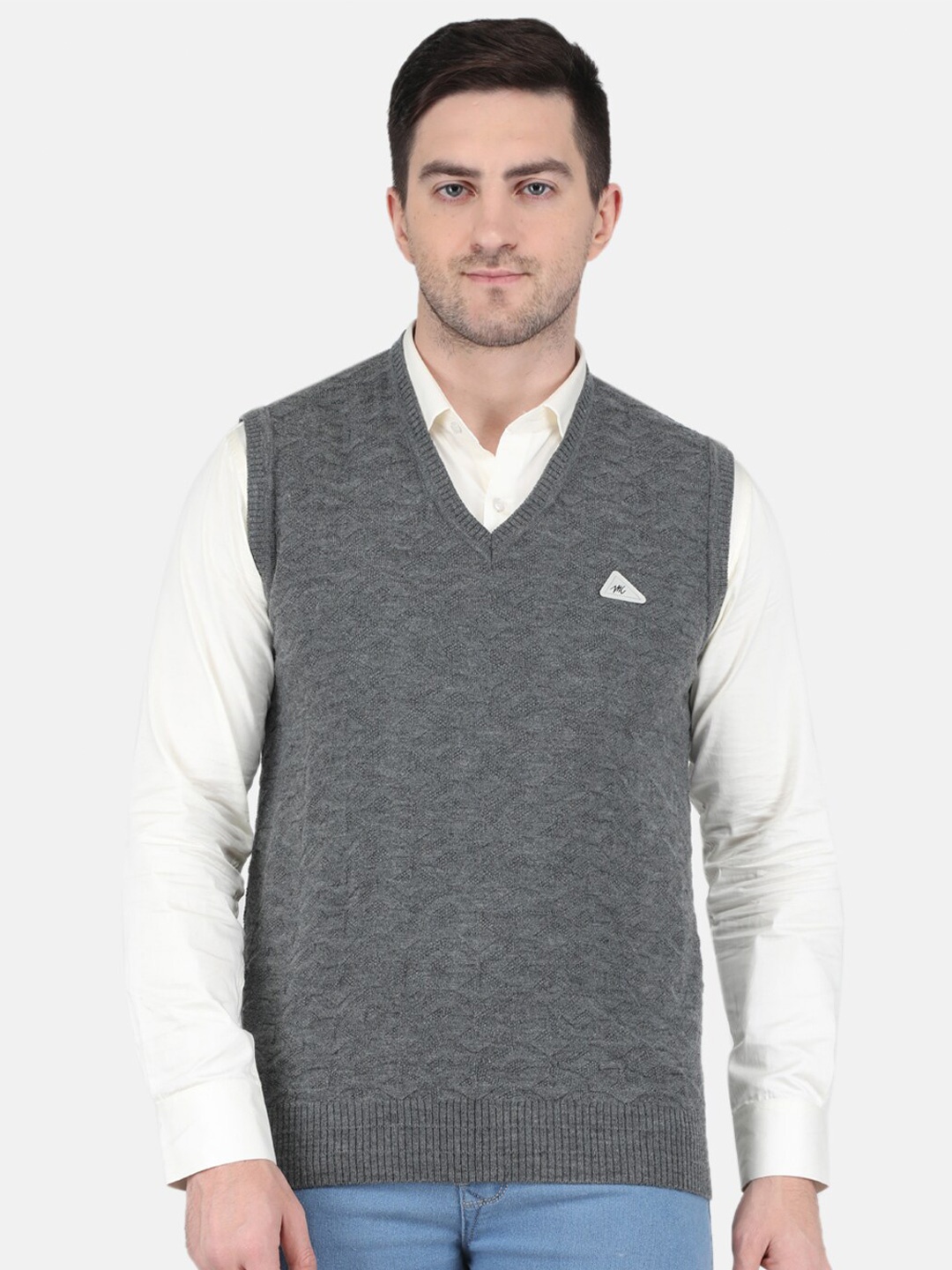 

Monte Carlo Men Grey & White Self Design V-Neck Sleeveless Wool Sweater Vest