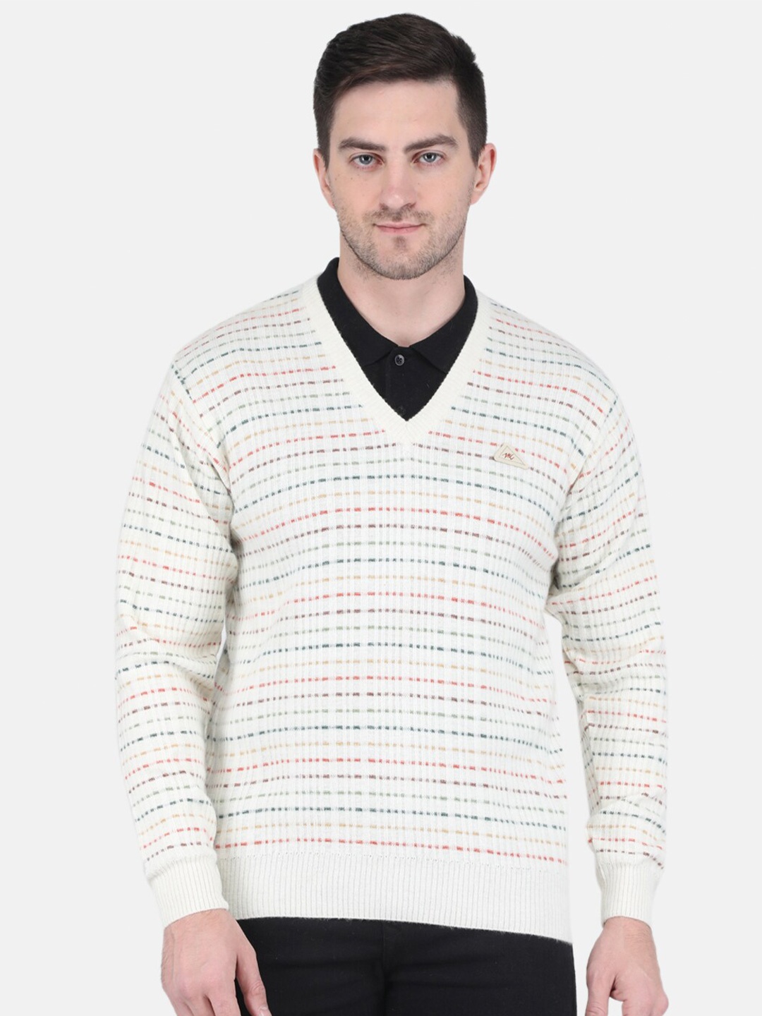 

Monte Carlo Men Striped Woolen Pullover Sweater, Off white