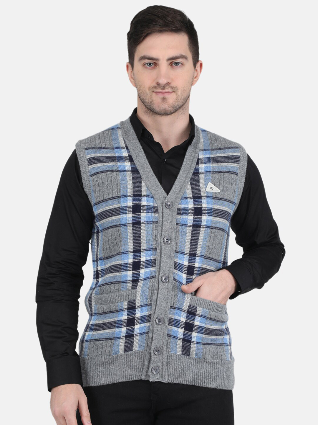 

Monte Carlo V-Neck Printed Wool Cardigan, Grey