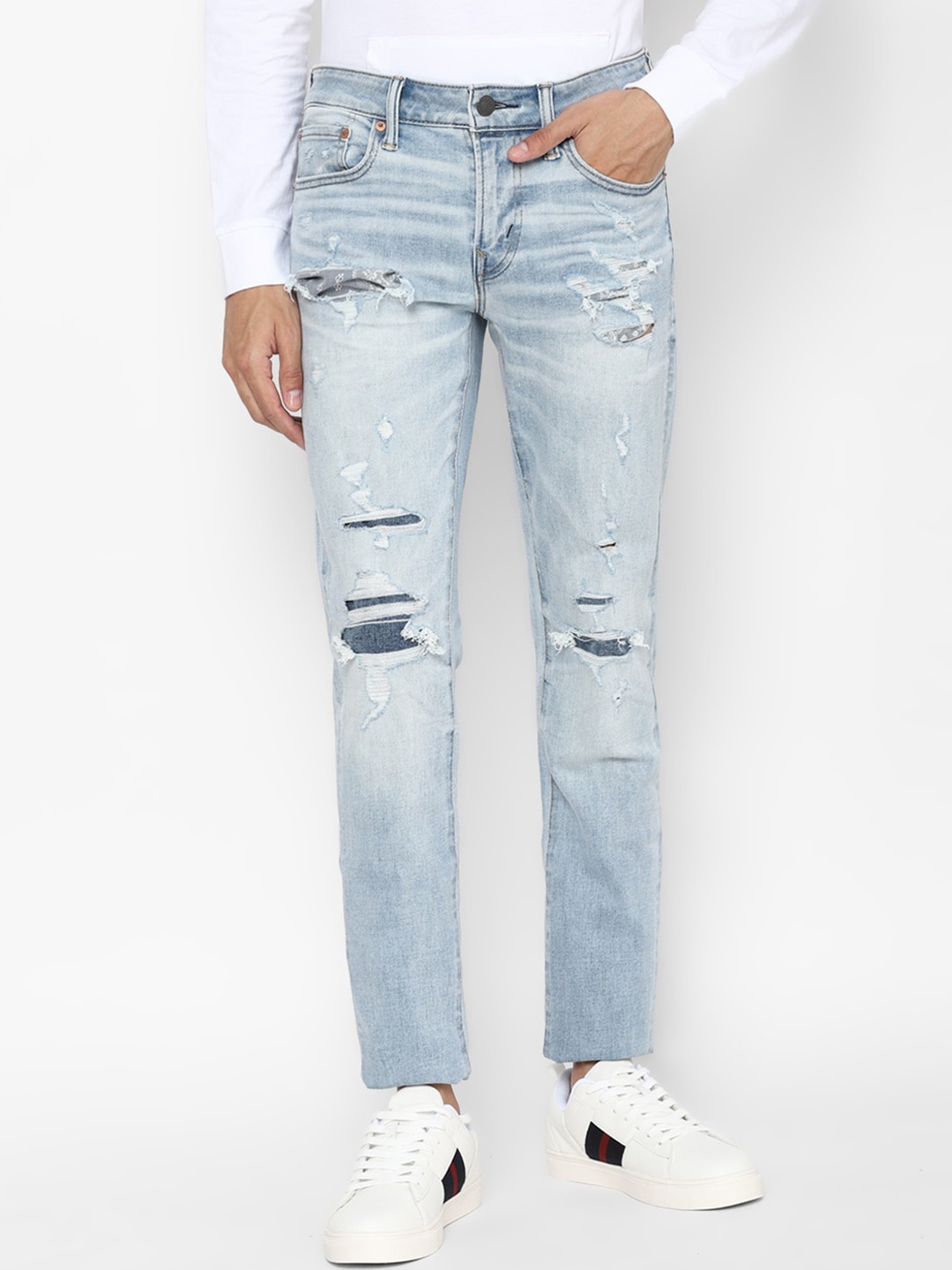 

AMERICAN EAGLE OUTFITTERS Men Skinny Fit Highly Distressed Heavy Fade Jeans, Blue