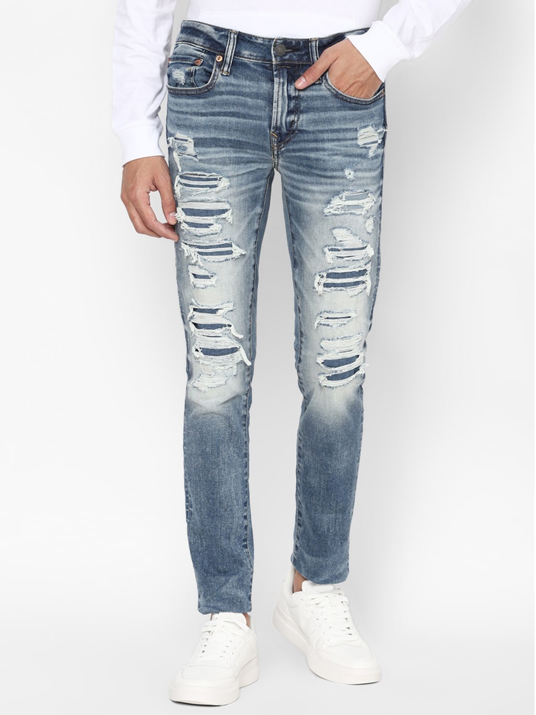 

AMERICAN EAGLE OUTFITTERS Men Skinny Fit Highly Distressed Heavy Fade Jeans, Blue