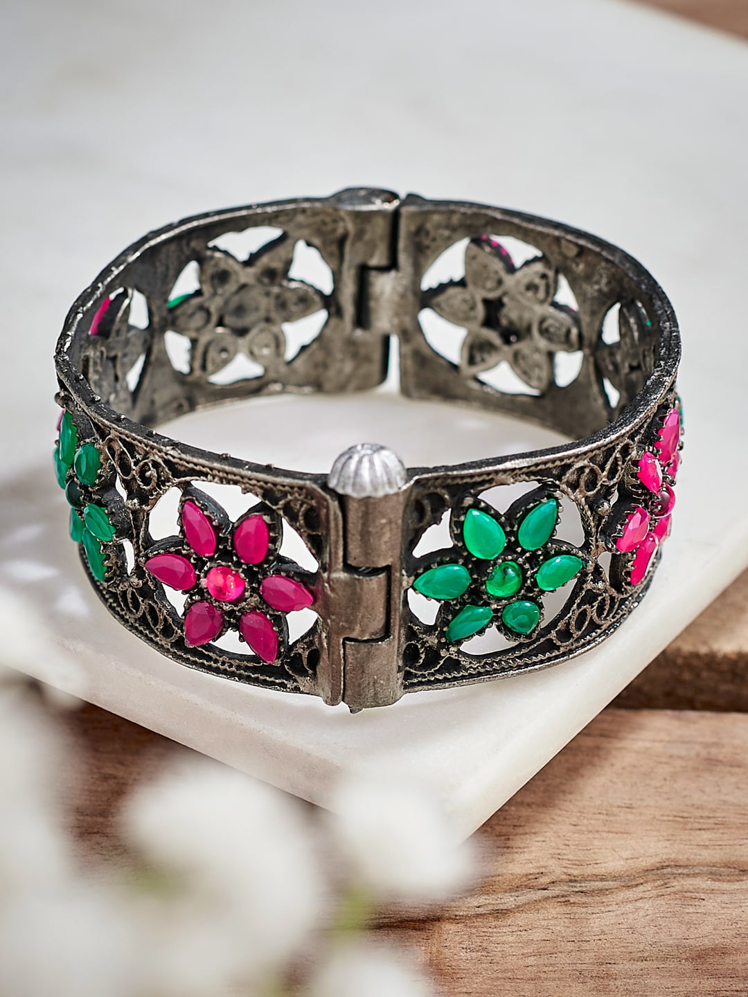 

ATIBELLE Silver-Plated Stone-Studded Floral German Silver Oxidised Bangle