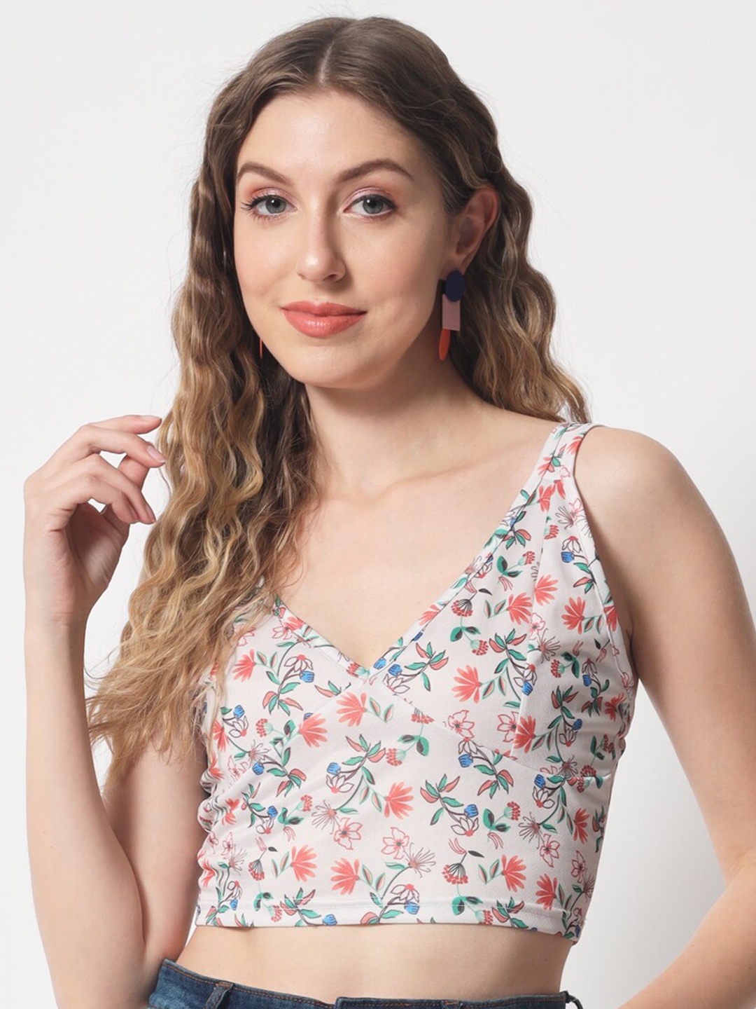 

Womenster Floral Print Crepe Bralette Crop Top, Off white