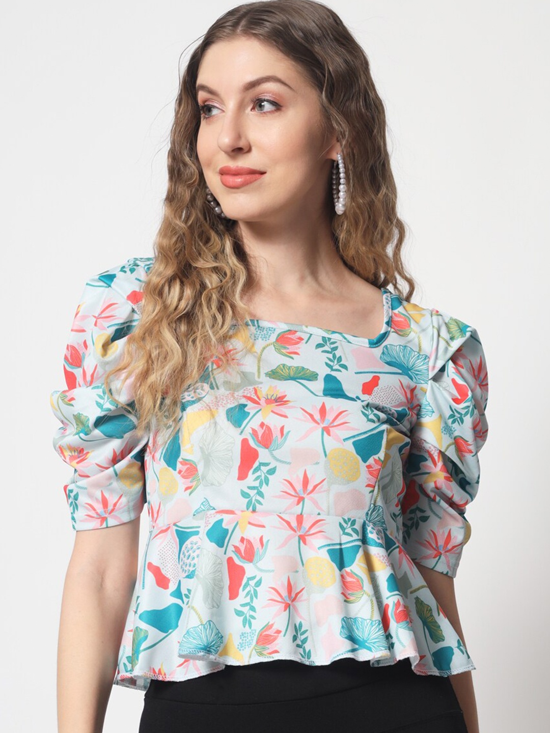 

Womenster Print Crepe Peplum Crop Top, Blue