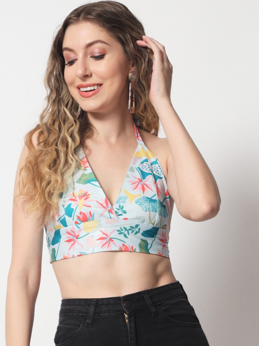 

Womenster Print Halter Neck Crepe Bralette Crop Top, Blue