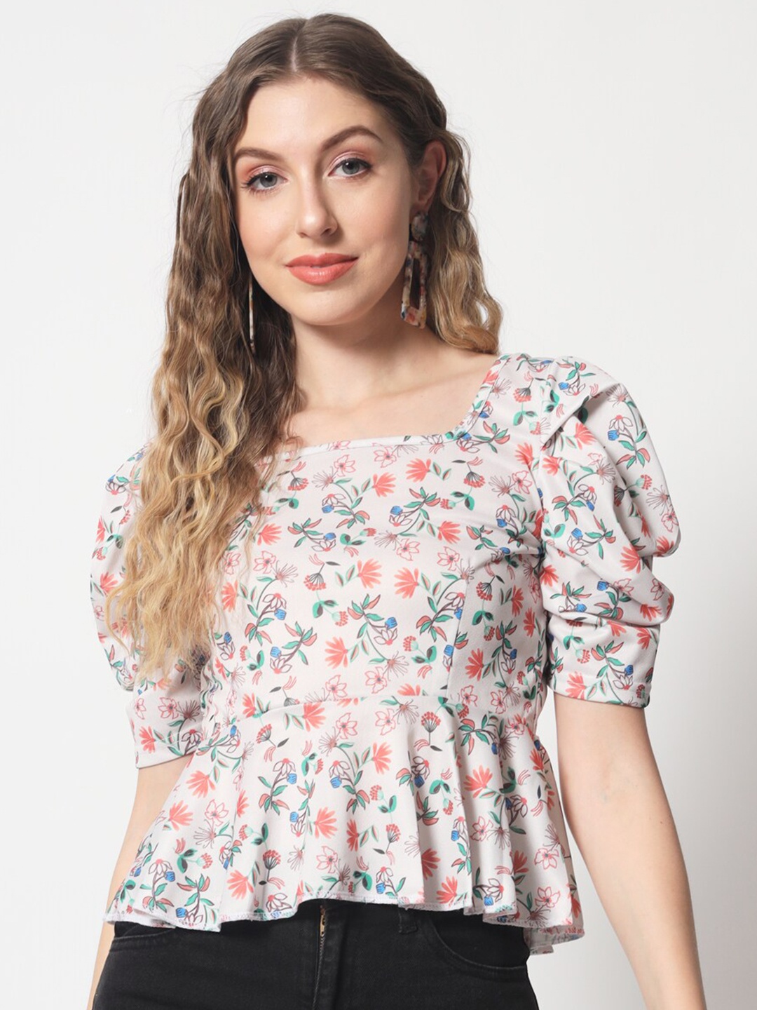 

Womenster Floral Print Crepe Peplum Top, Beige