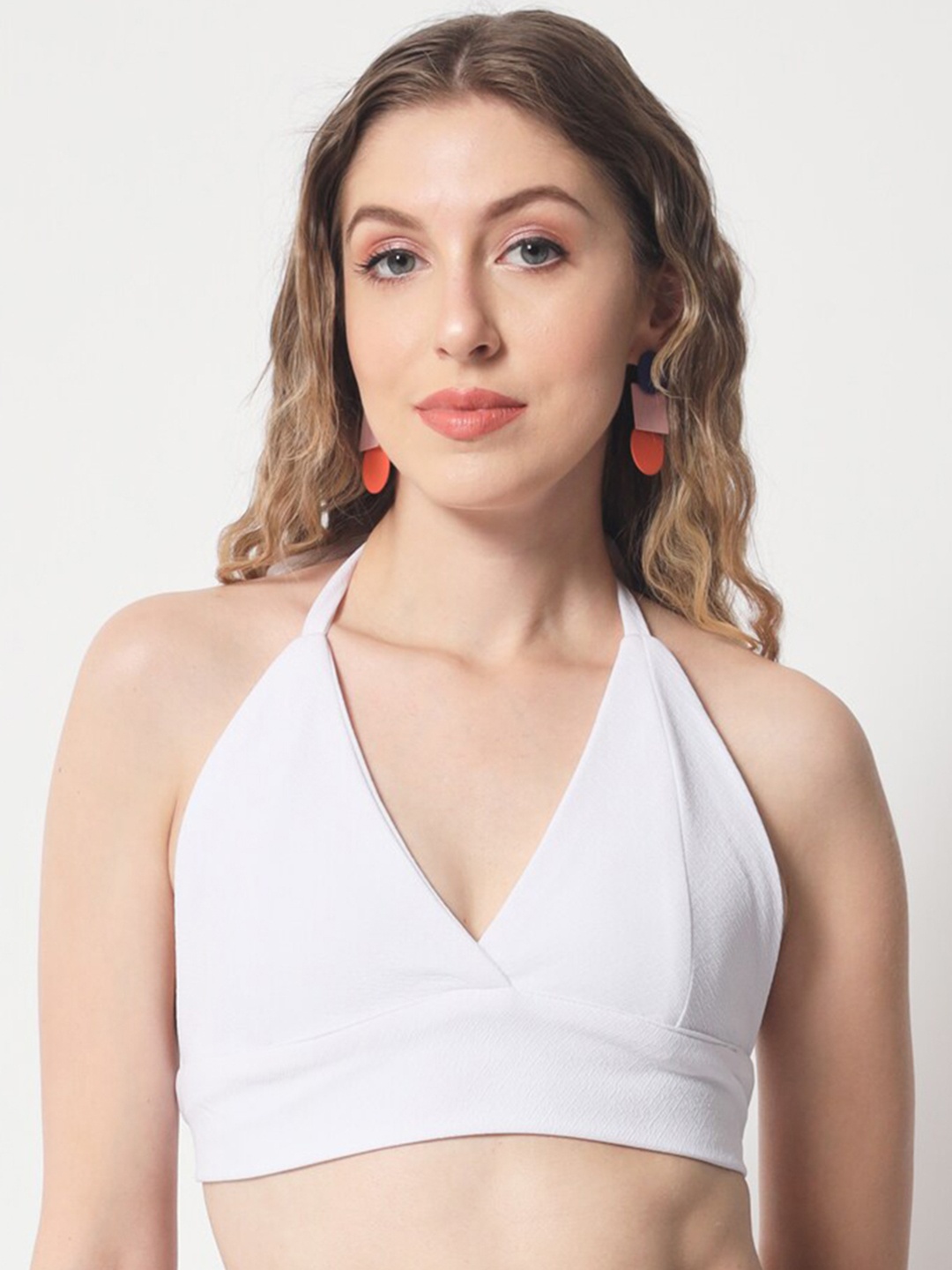 

Womenster Halter Neck Crepe Bralette Crop Top, White