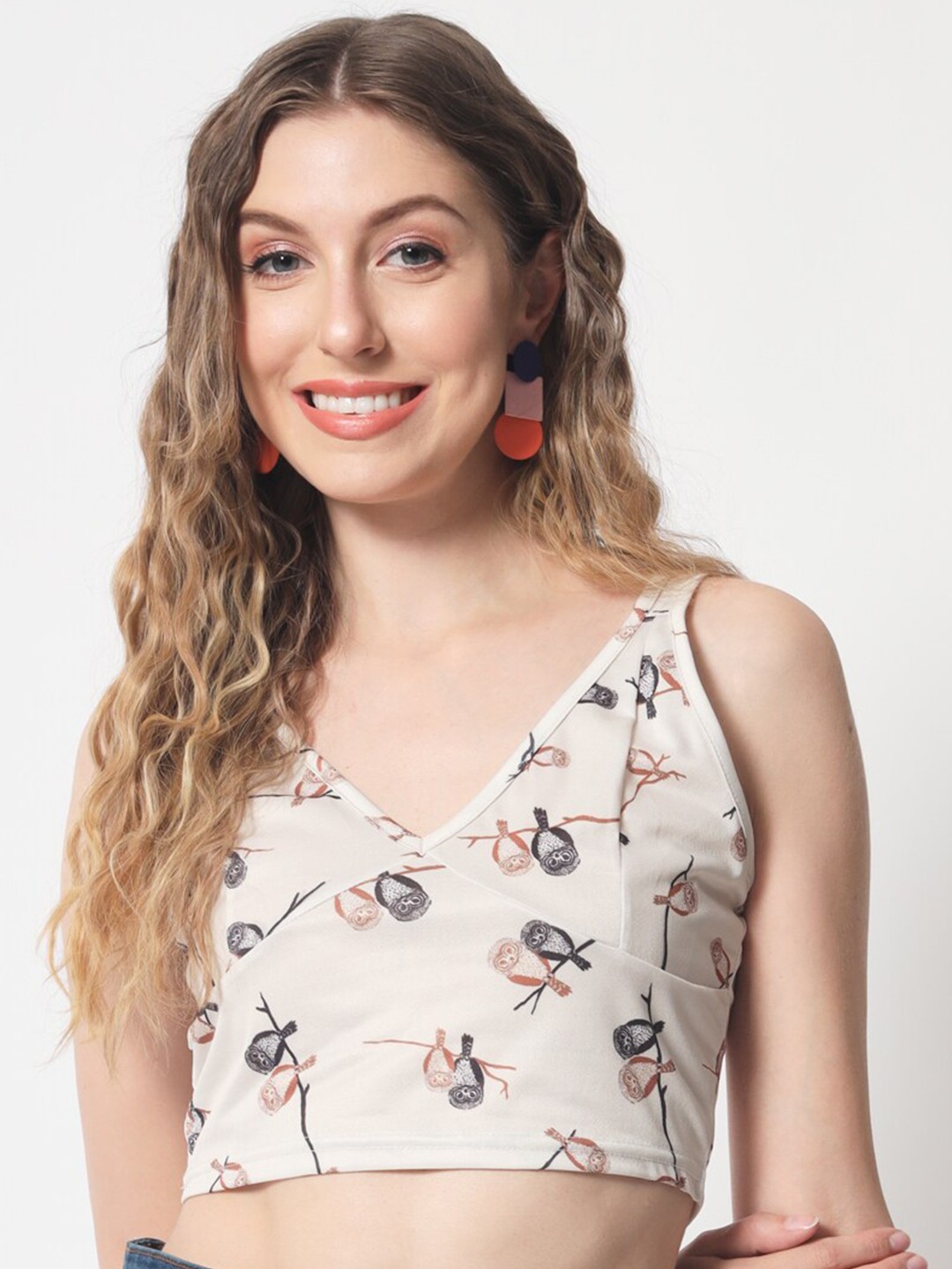 

Womenster Print Crepe Crop Top, Beige