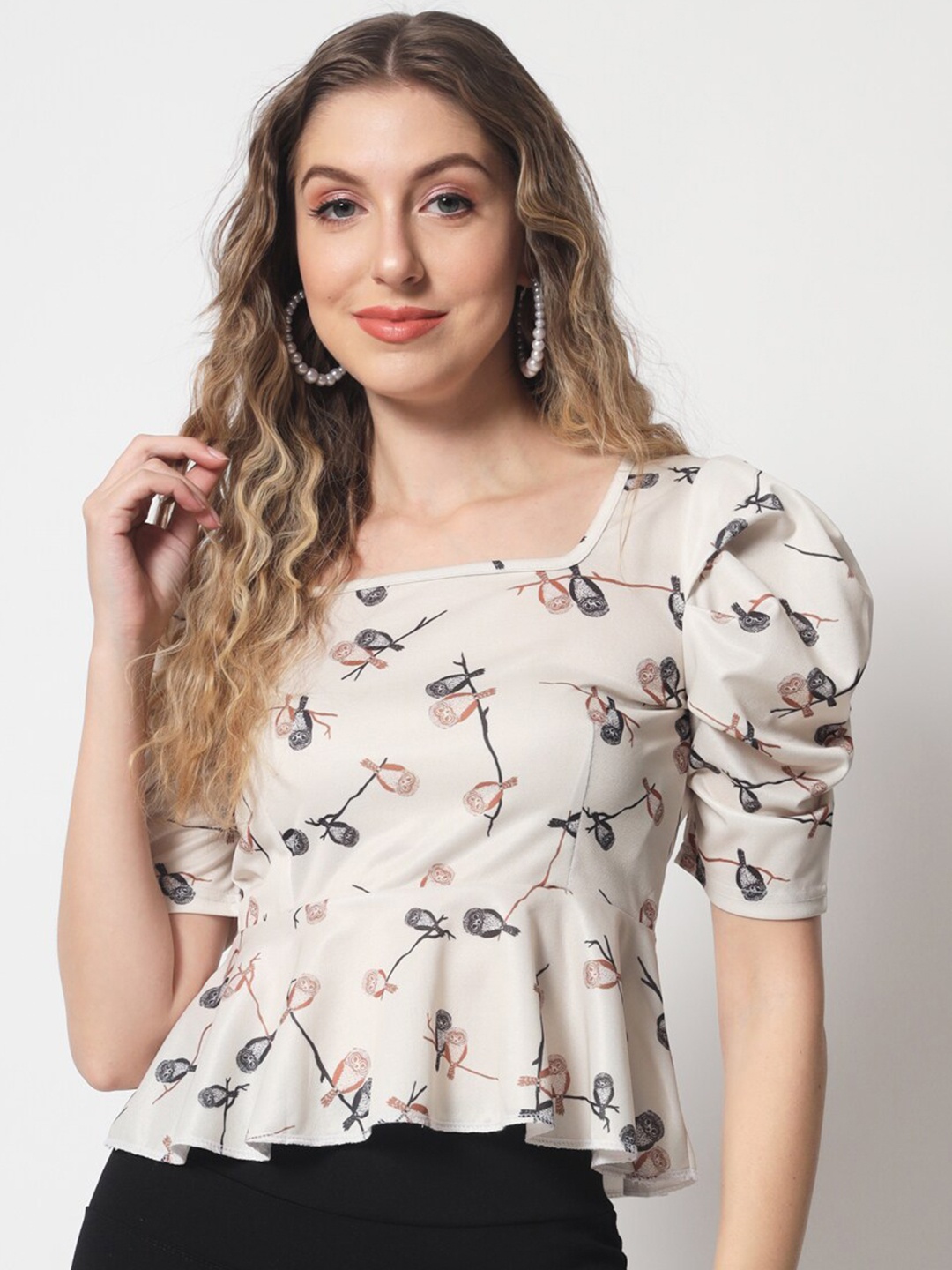 

Womenster Print Crepe Peplum Top, Beige