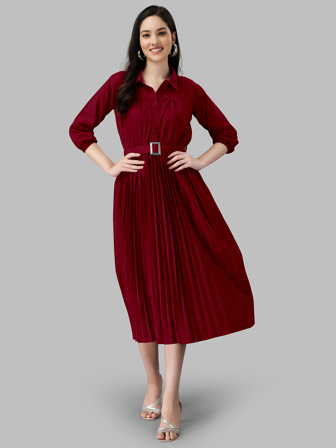 

Fashion FRICKS Shirt Collar Midi Fit & Flare Dress, Maroon